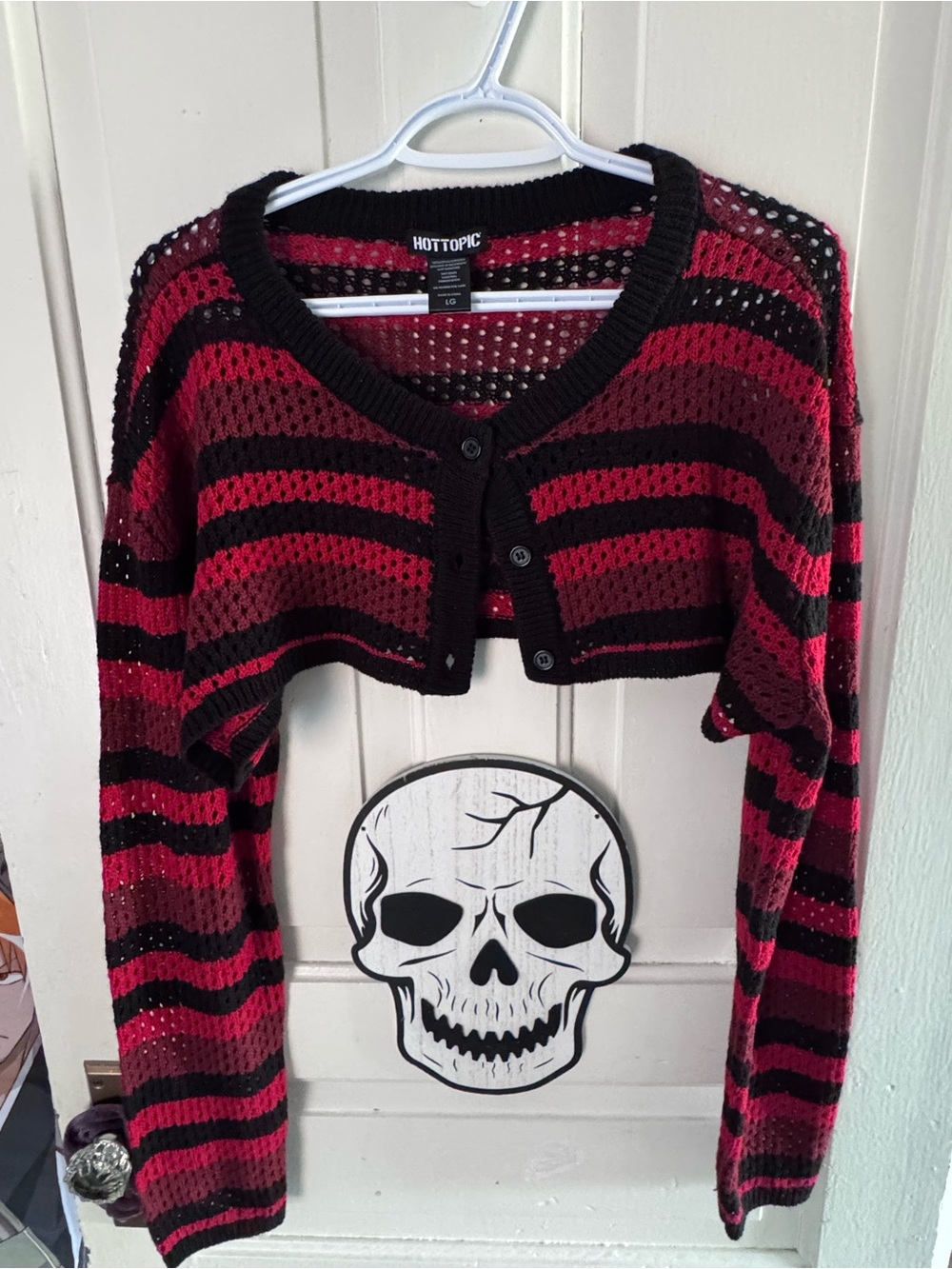 Hot Topic Women's Burgundy & Black Striped Cropped Open-Knit Cardigan